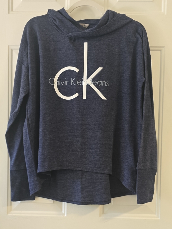 Calvin Klein Jeans Sweaters - Calvin Klein Jeans Womens Crop Hoodie High Low Blue Heather CK Logo Size Medium